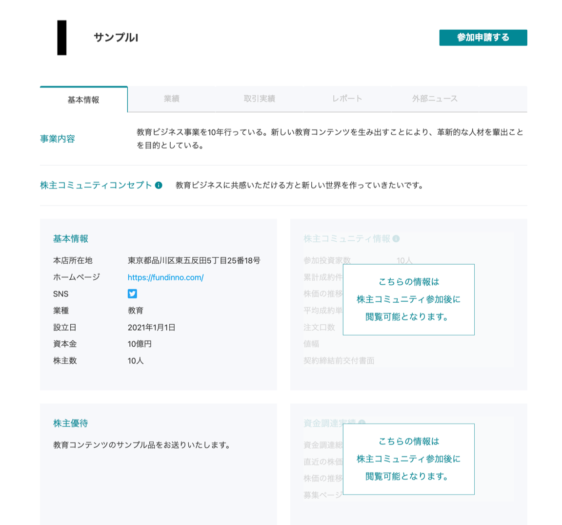 ４）株主コミュニティ参加前に、ご確認いただける各種情報が表示されます。
